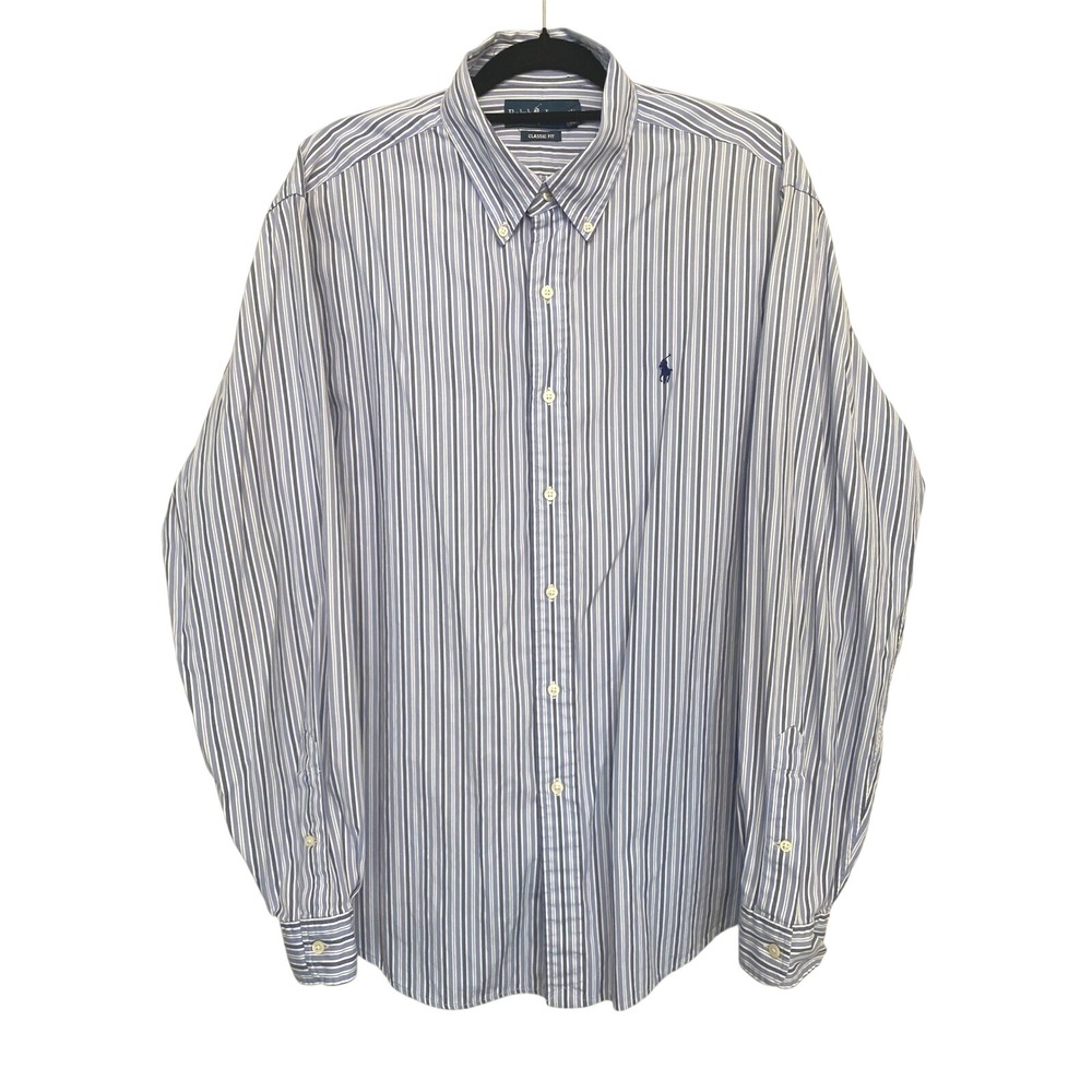 Polo Ralph Lauren Mens XL Classic Fit Blue White Striped Button Down Shirt